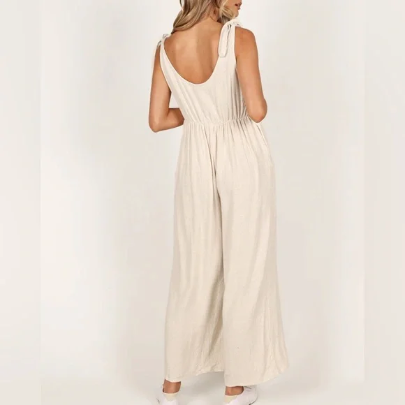 Petal & Pup Ayla Linen Jumpsuit Oatmeal - Picture 6 of 11